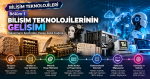 Bilişim teknolojilerinin tarihsel gelişimini ilk sayma araçlarından yapay zeka çağına kadar kronolojik olarak gösteren; Ada Lovelace, mekanik hesap makineleri, delikli kart sistemleri ve modern bilgisayarların yer aldığı infografik.