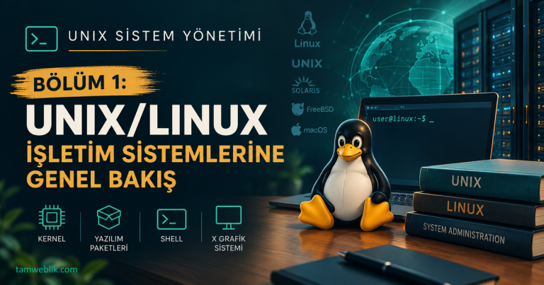 UNIX ve Linux İşletim Sistemlerine Genel Bakış. Masa üzerinde Linux pengueni Tux, komut satırı açık bir dizüstü bilgisayar, UNIX kitapları ve işletim sistemi bileşenlerini (kernel, shell, yazılım paketleri) gösteren öne çıkan görsel.