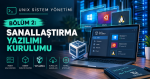 AÖF UNIX Sistem Yönetimi Bölüm 2 Sanallaştırma Yazılımı Kurulumu ders özeti kapağı. Görselde Oracle VirtualBox arayüzü, Host (Ana Makine) ve Guest (Misafir Makine) kavramları yer alıyor.